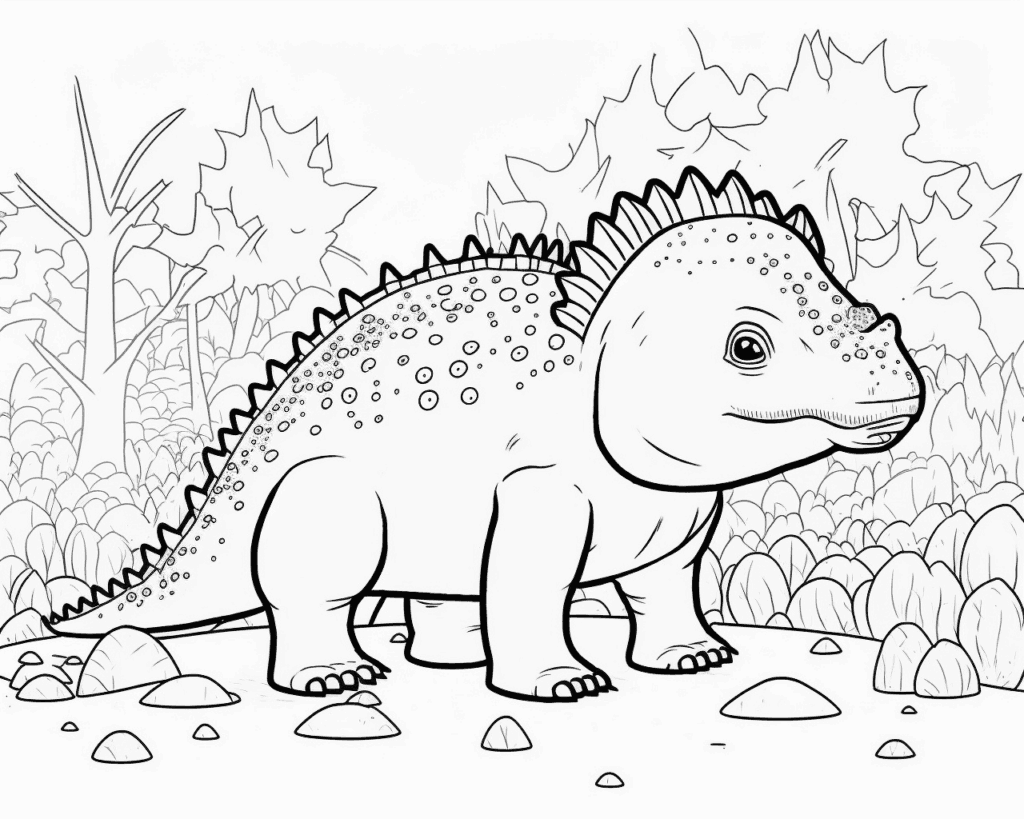 Színező egy zömök, tüskés hátú dinoszaurusszal a kövek között az erdőben